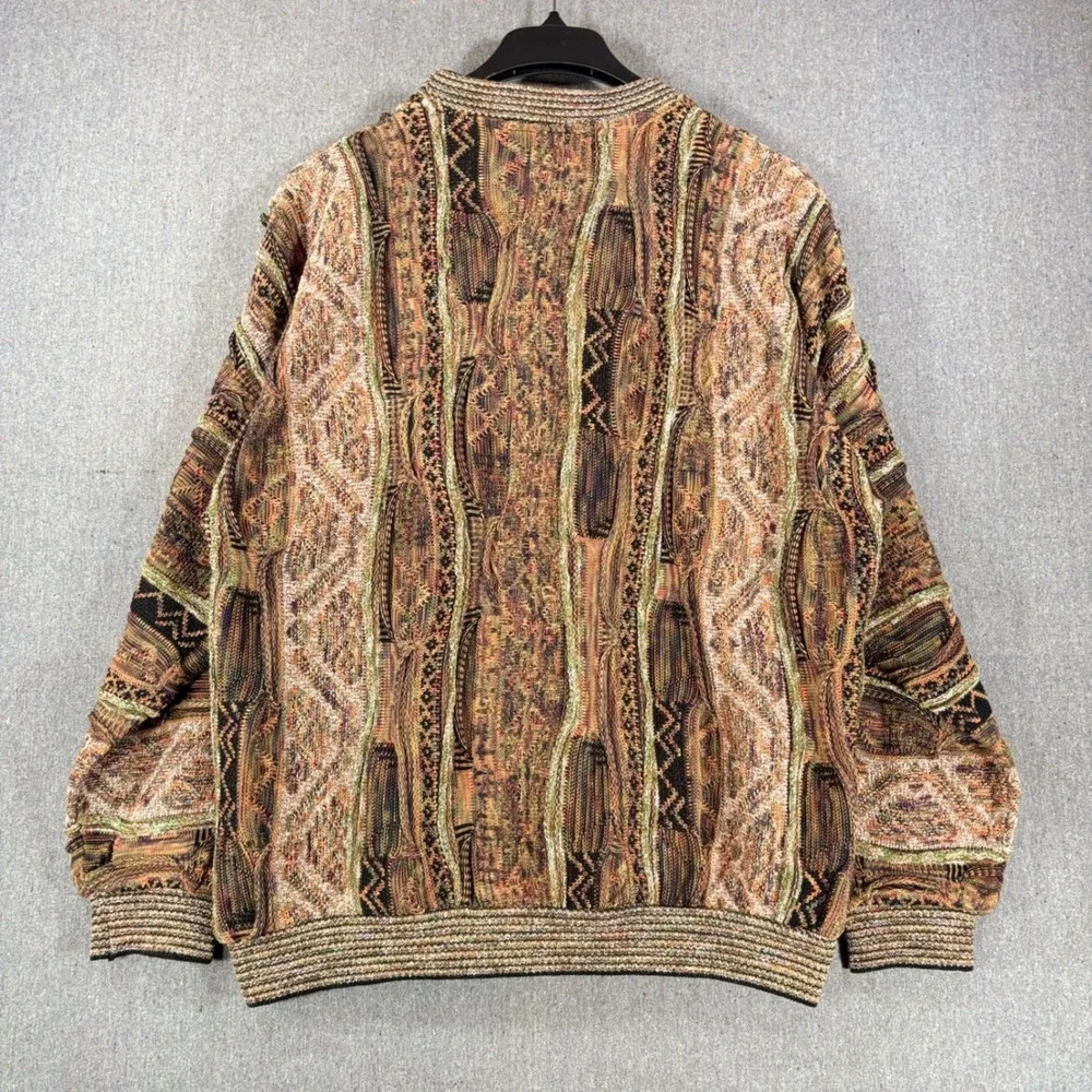 Vintage Tundra Canada Mens Large 3D Knit Sweater Coogi Style Earth Tone Multi